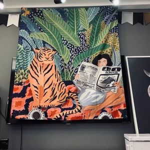 Girl with tiger tapestry wall hanging wall blanket